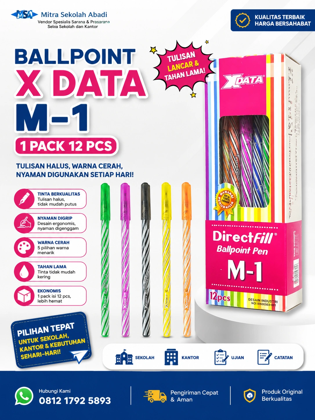 Ballpoint X Data M-1 1 Pack 12 Pcs – Pulpen Tinta Halus untuk Sekolah, Kantor & Kebutuhan Sehari-hari
