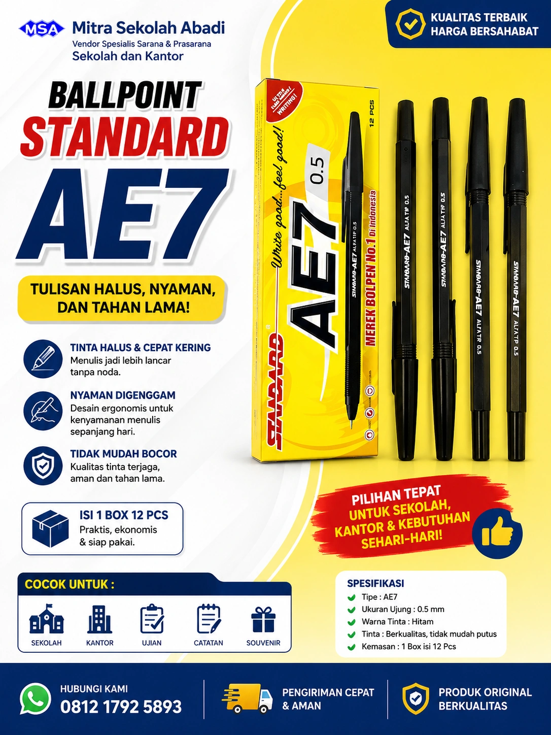 Ballpoint Standard AE7 0.5 mm 1 Pack 12 Pcs – Pulpen Tinta Halus untuk Sekolah, Kantor & Ujian