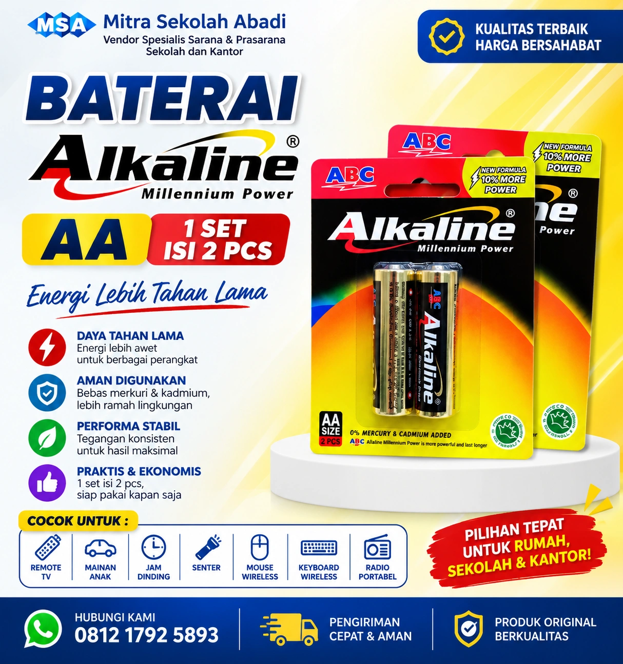 Baterai ABC Alkaline AA 1 Set Isi 2 Pcs – Daya Tahan Lama untuk Berbagai Perangkat Elektronik