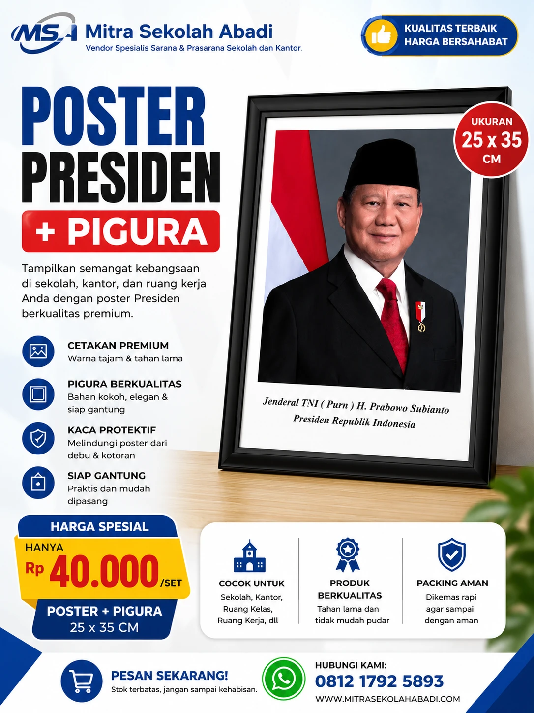 Poster Presiden + Pigura 25 x 35 cm – Siap Pajang, Elegan & Berkualitas