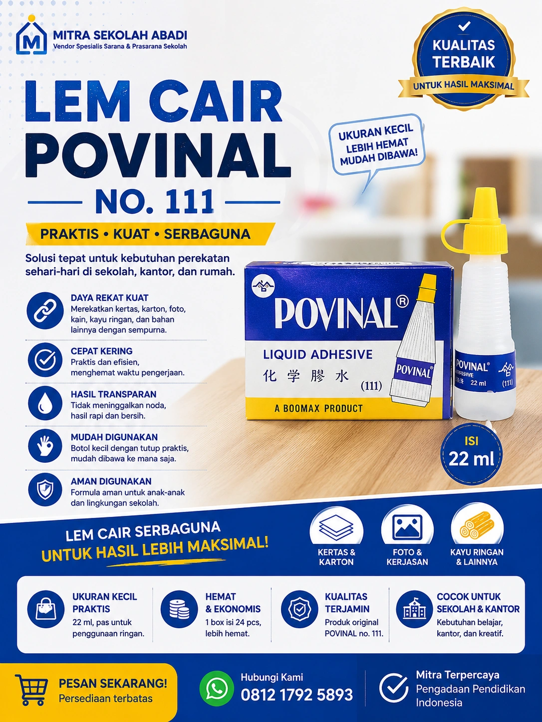 Tinta Epson 003 CyanLem Kertas Cair Povinal No. 111 22 ml – Lem Cair Serbaguna untuk Sekolah, Kantor, dan Kebutuhan Sehari-hari