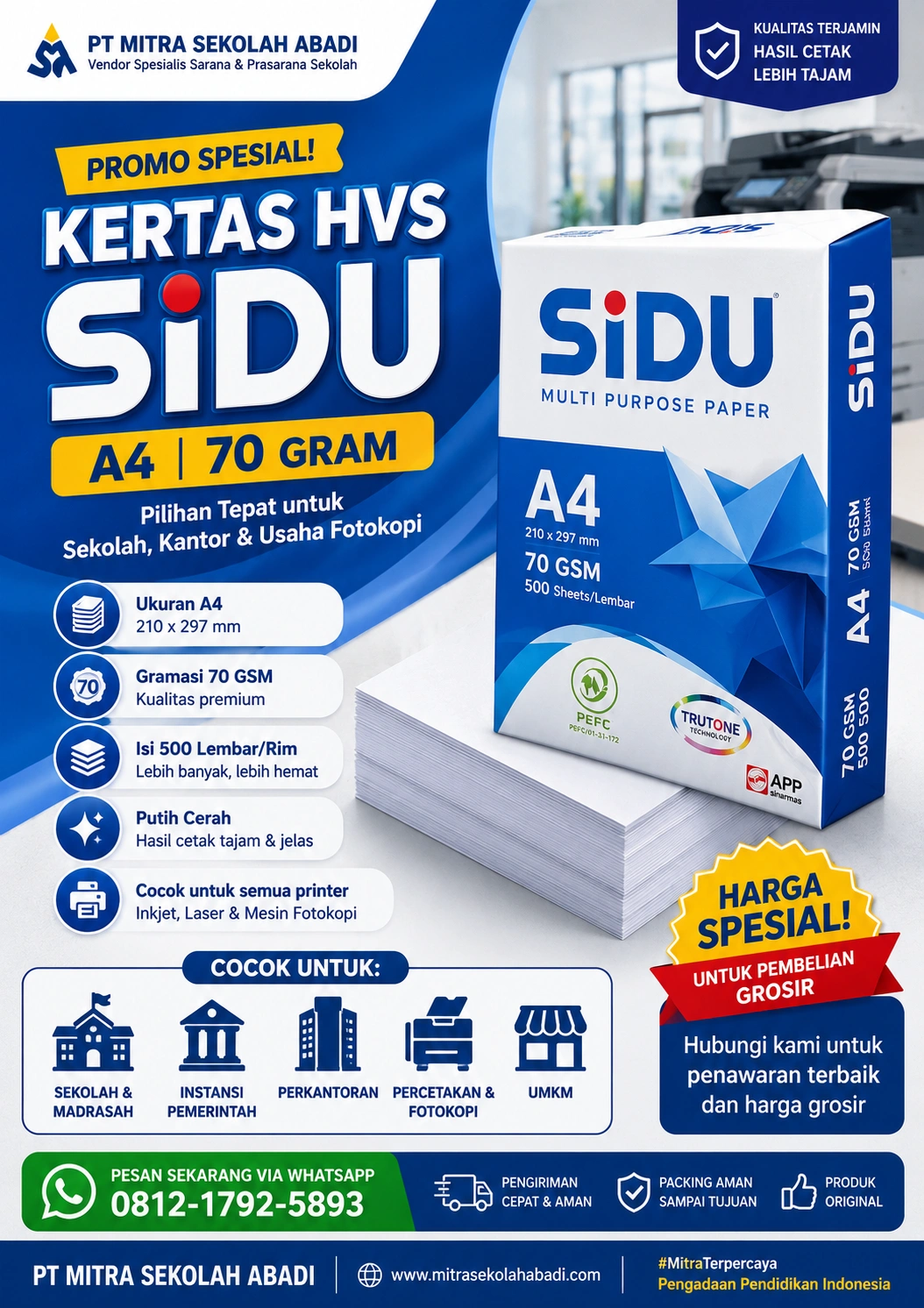 Kertas HVS SiDU A4 70 Gram Original – Kertas Fotokopi & Printer 500 Lembar/Rim