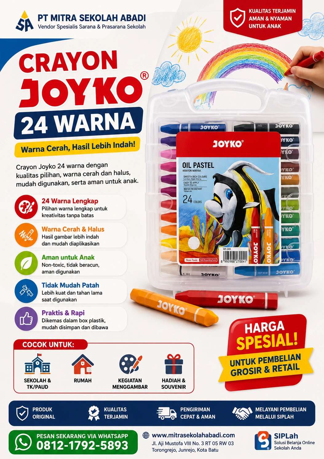 Crayon Joyko 24 Warna Original OP-24S – Oil Pastel Non-Toxic untuk Sekolah, TK, PAUD & Menggambar