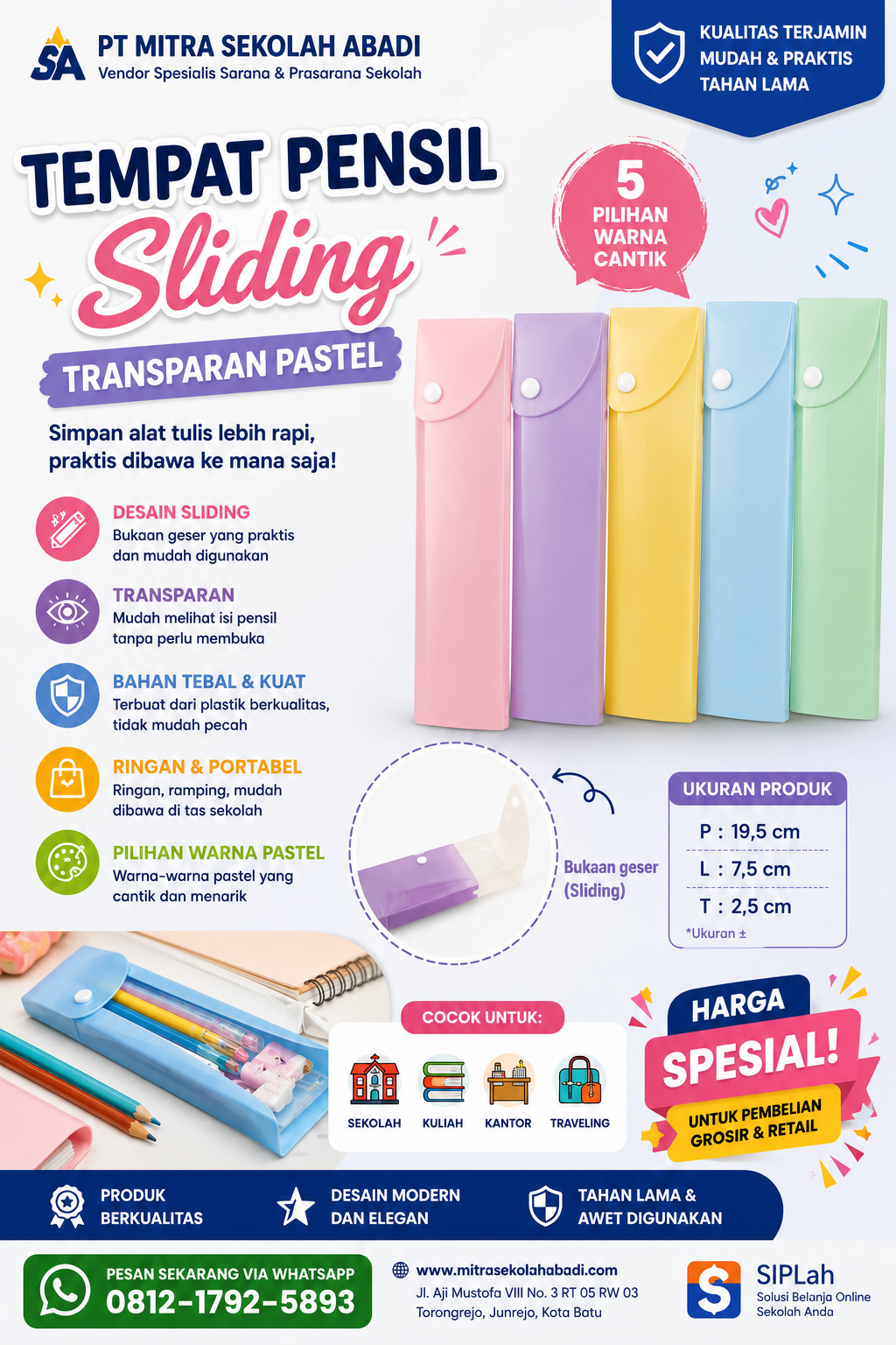 Tempat Pensil Sliding Transparan Pastel – Pencil Case Geser Multifungsi untuk Sekolah, Kuliah & Kantor