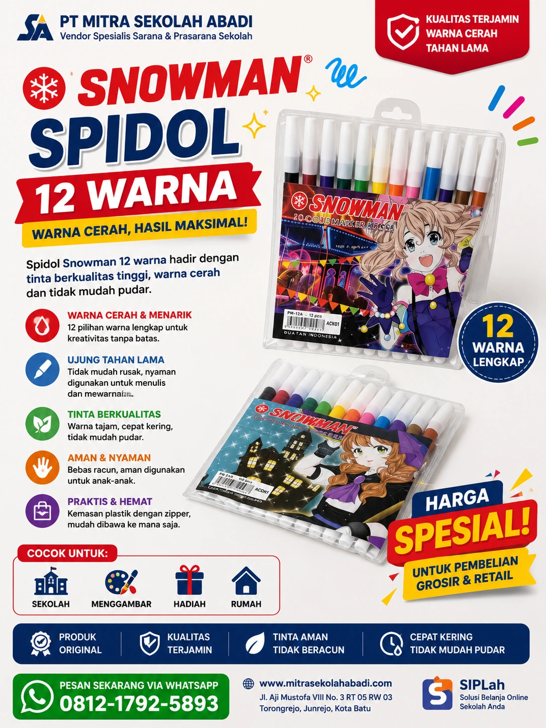 Spidol Snowman 12 Warna Original – Marker Warna Kecil untuk Menggambar, Mewarnai & Kegiatan Sekolah