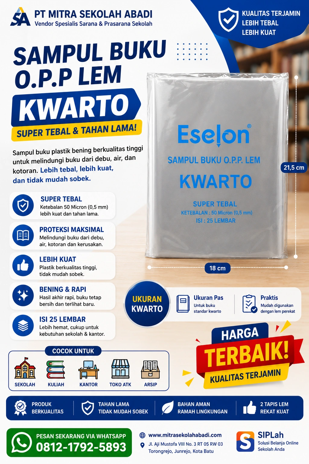 Sampul Plastik Buku Kwarto Eselon O.P.P Lem Isi 25 Lembar – Sampul Buku Transparan Tebal 50 Micron