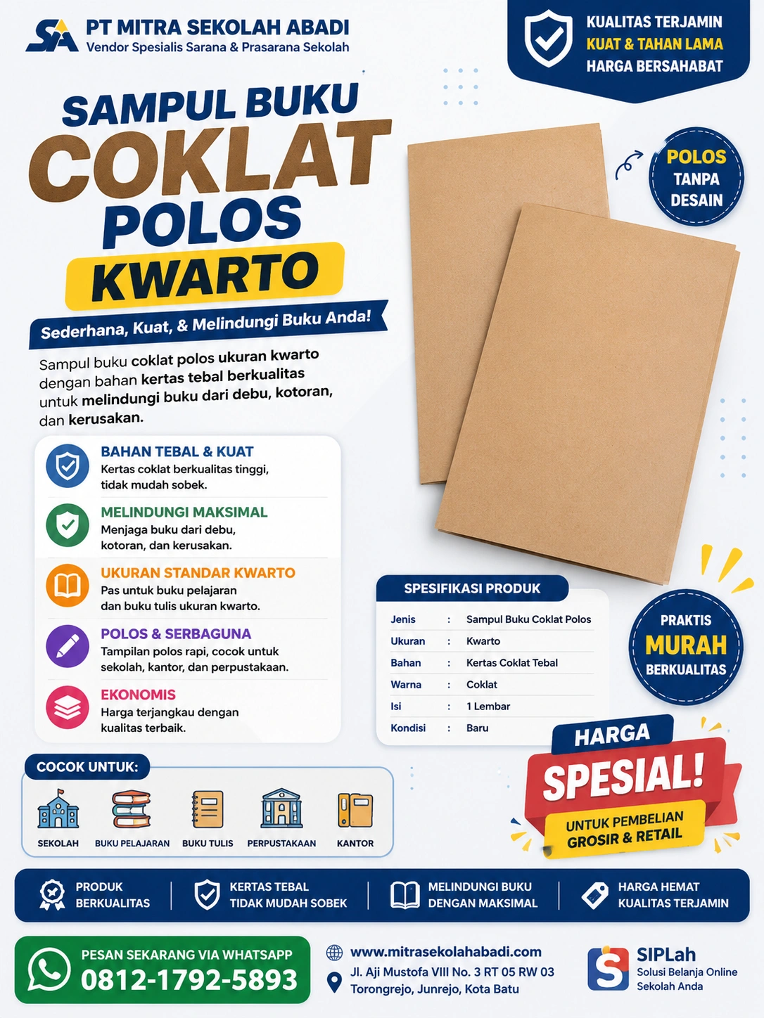 Sampul Buku Coklat Polos Kwarto – Sampul Kertas Tebal untuk Melindungi Buku Sekolah