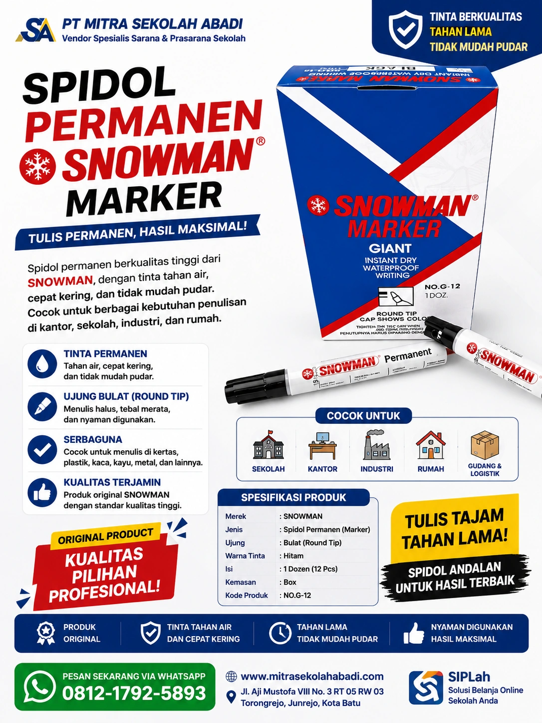 Spidol Permanen Snowman Marker Original – Permanent Marker Tinta Tahan Air untuk Kantor, Sekolah & Industri