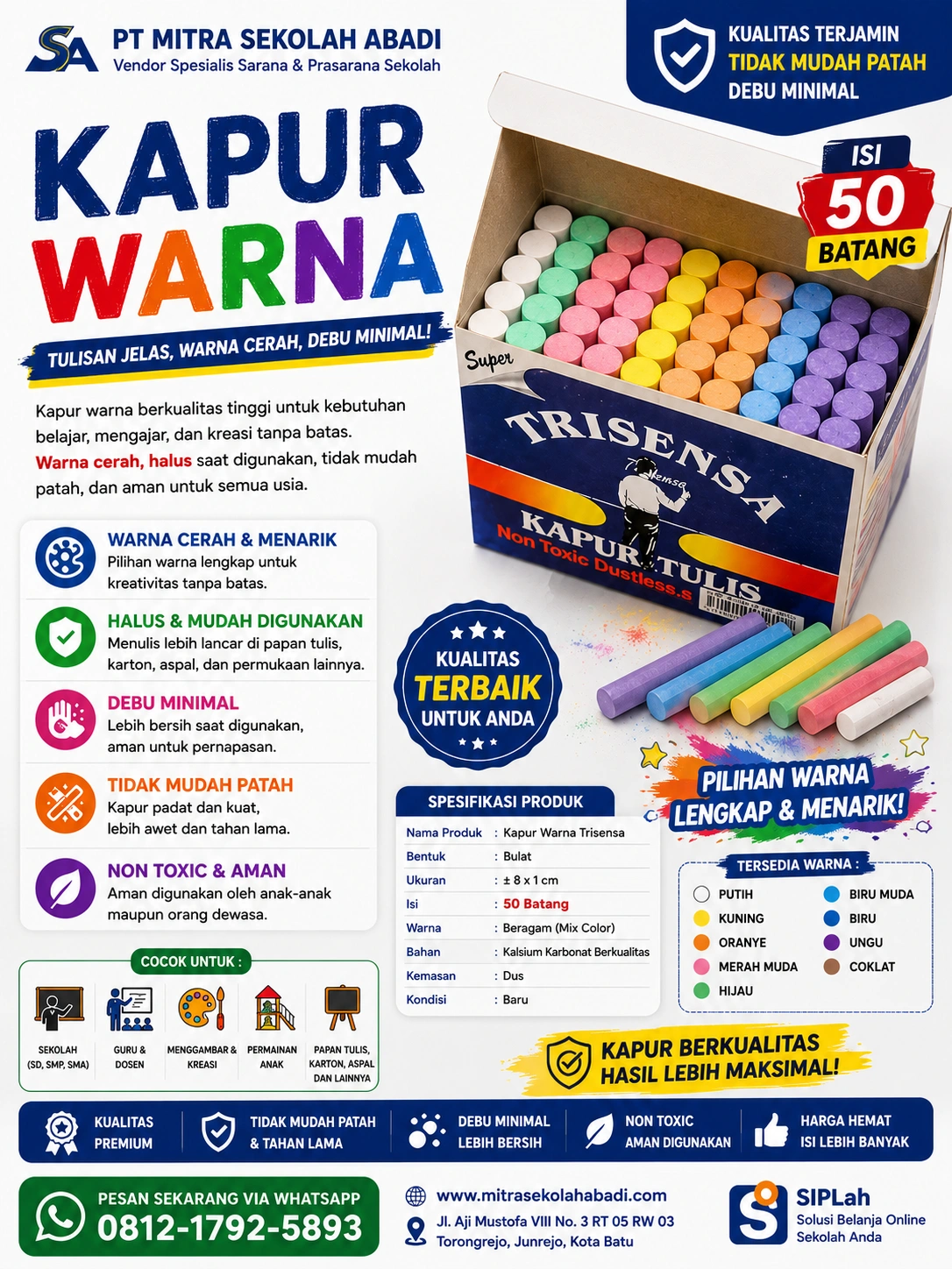 Kapur Warna Trisensa Isi 50 Batang – Kapur Tulis Warna Non Toxic untuk Sekolah & Papan Tulis