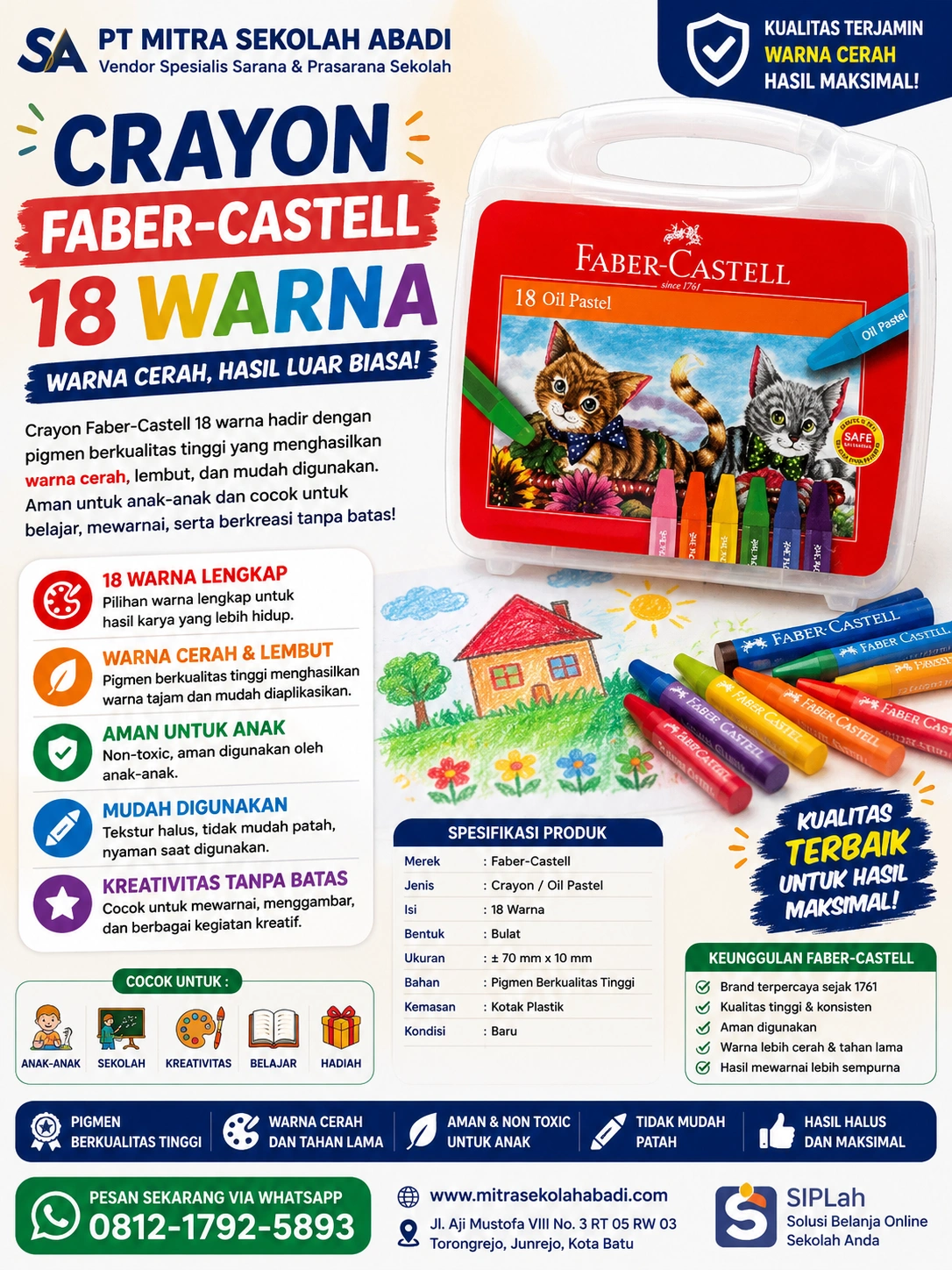 Crayon Faber-Castell 18 Warna Original – Oil Pastel Berkualitas untuk Sekolah, TK, PAUD & Aktivitas Menggambar