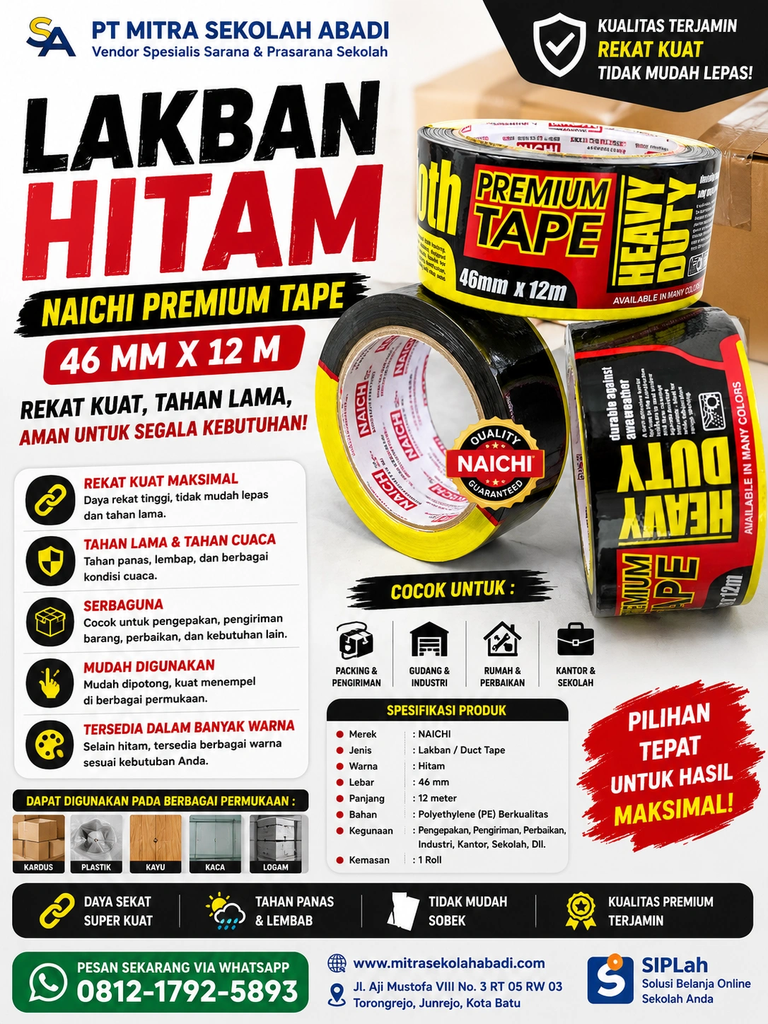 Lakban Hitam Naichi Premium Tape 46 mm x 12 m – Lakban Packing Kuat untuk Pengemasan & Industri