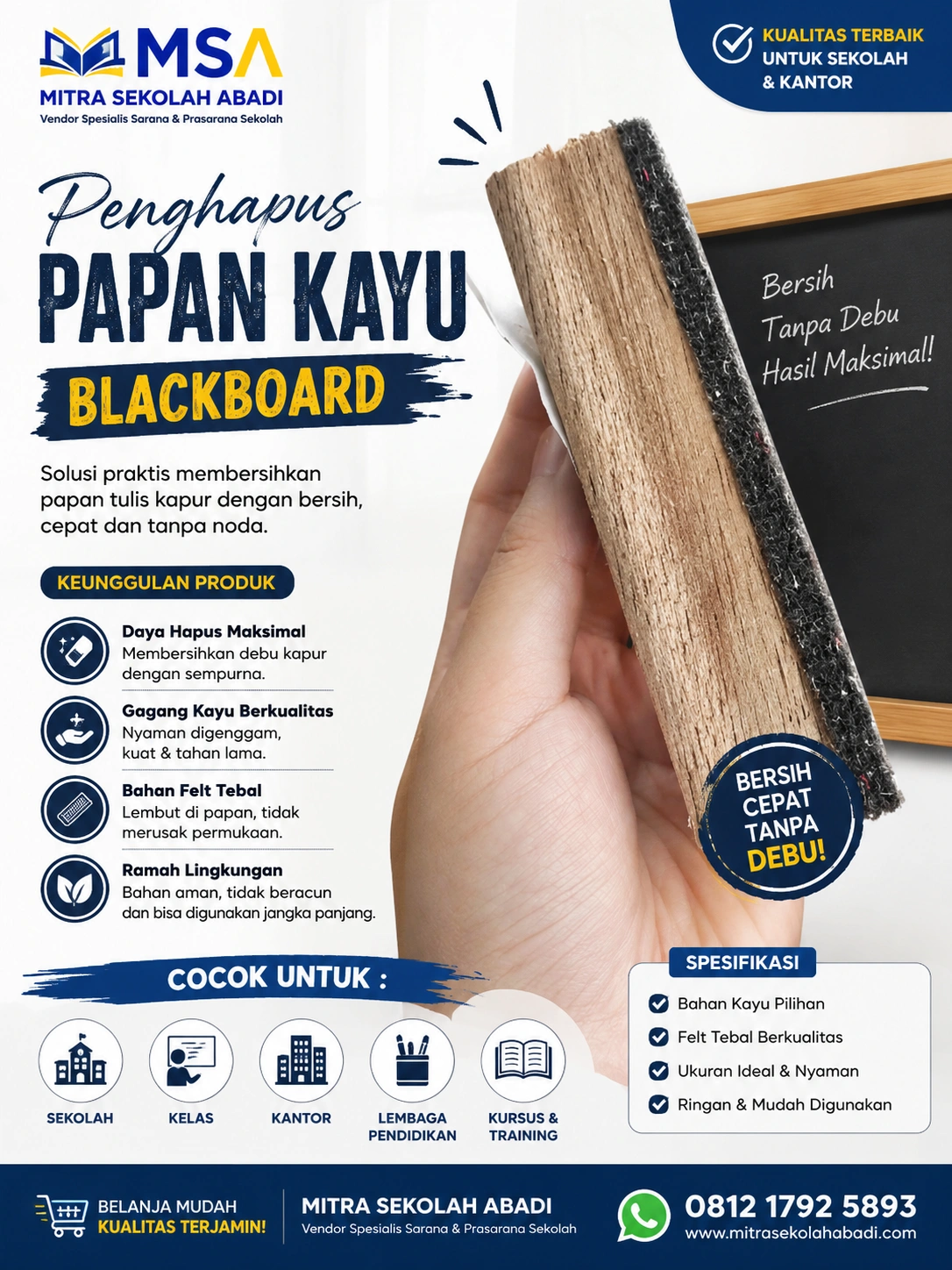 Penghapus Papan Kayu Blackboard – Penghapus Papan Tulis Kapur Berkualitas untuk Sekolah & Kantor