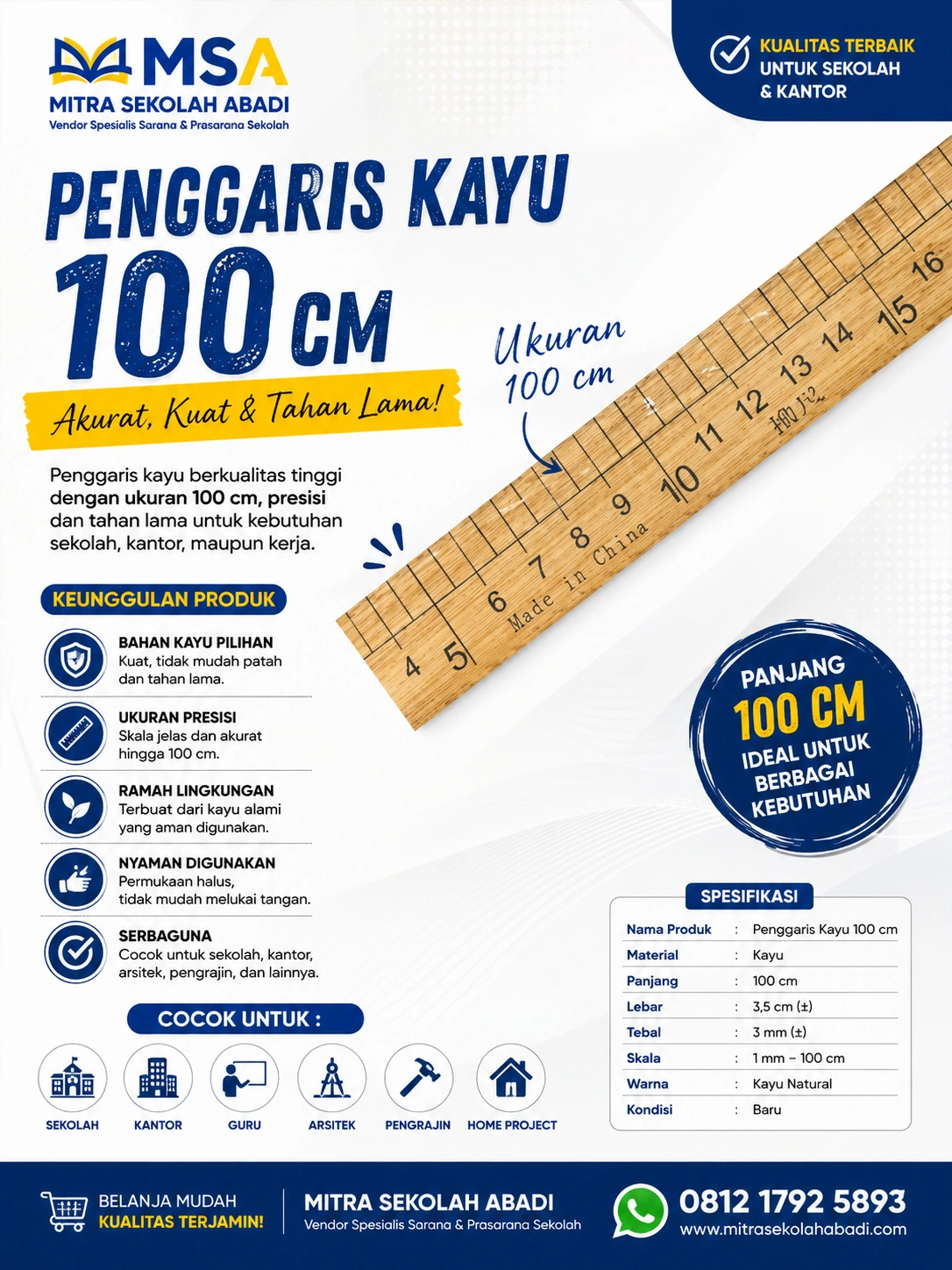 Penggaris Kayu 100 cm – Penggaris Meteran Kayu Presisi untuk Sekolah, Kantor, dan Teknik