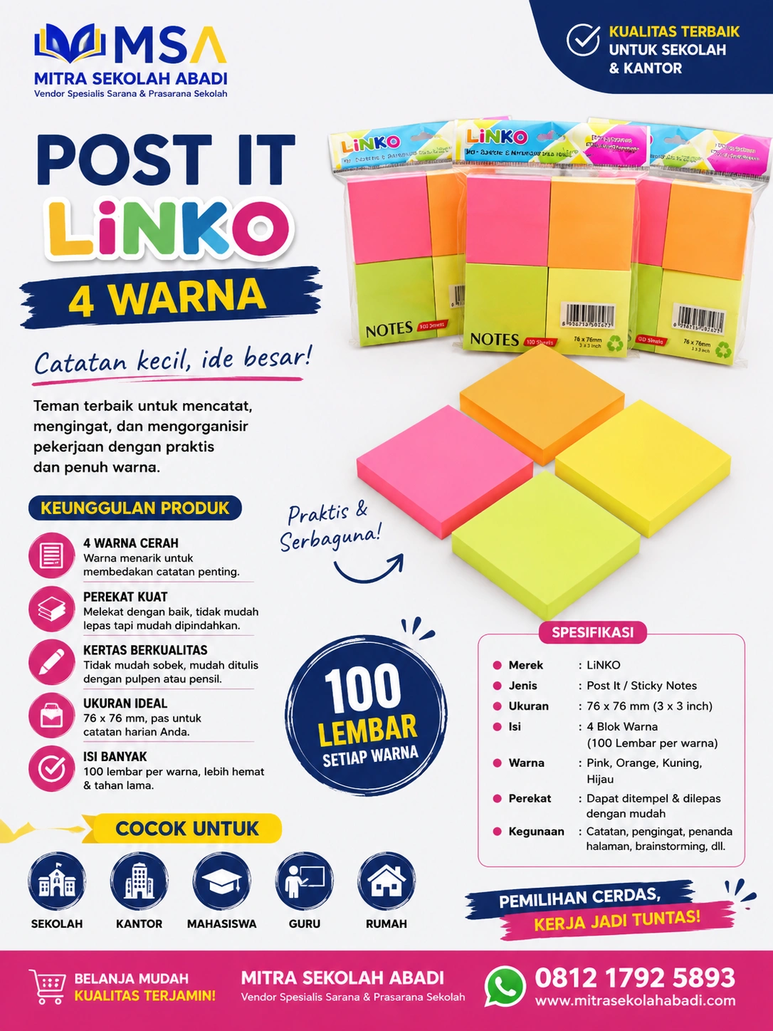 Post It Linko 4 Warna – Sticky Notes Warna-Warni untuk Catatan, Pengingat, dan Penanda Dokumen
