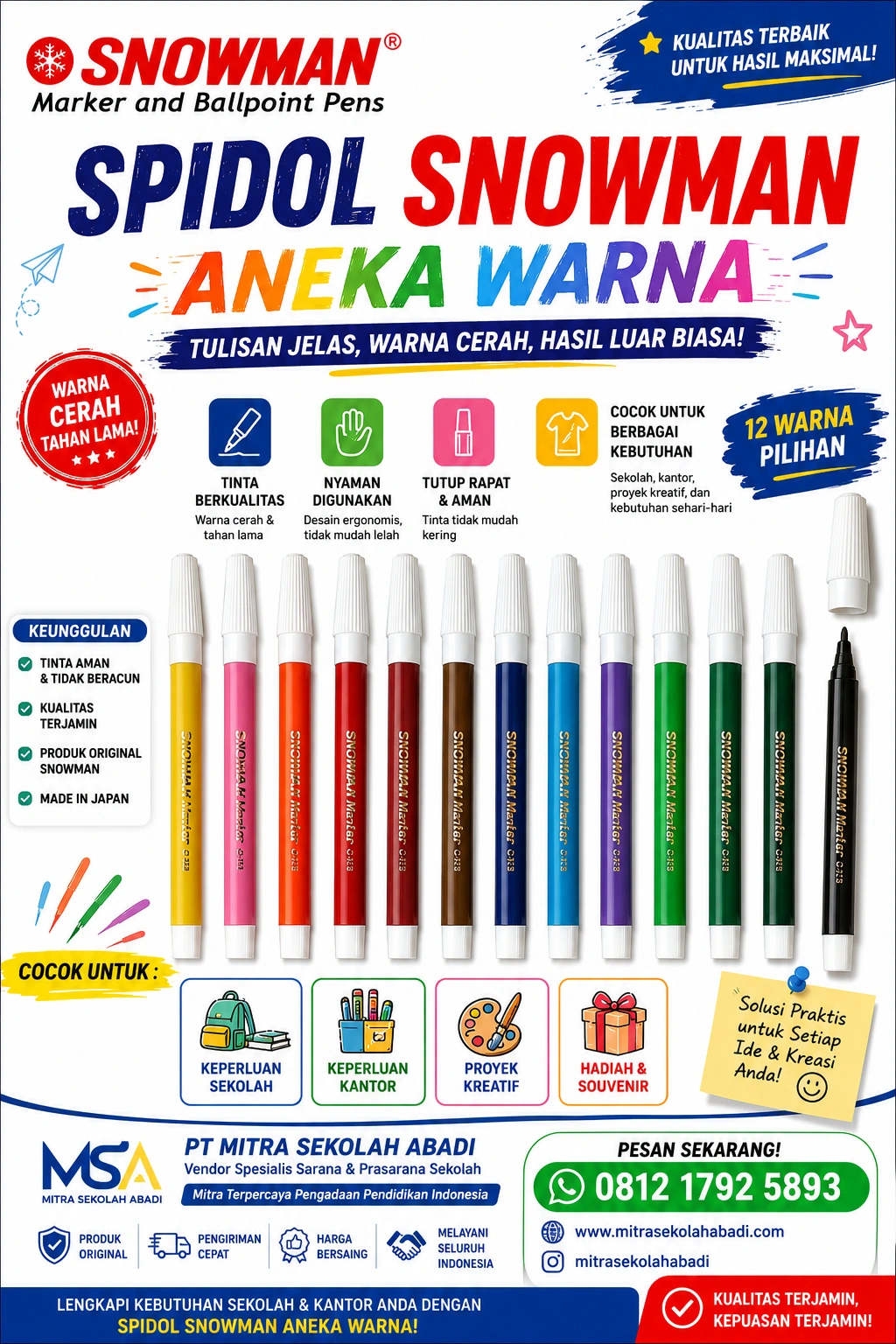 Spidol Snowman Aneka Warna Satuan (PCS) – Original | Warna Cerah, Tinta Tahan Lama untuk Sekolah & Kantor