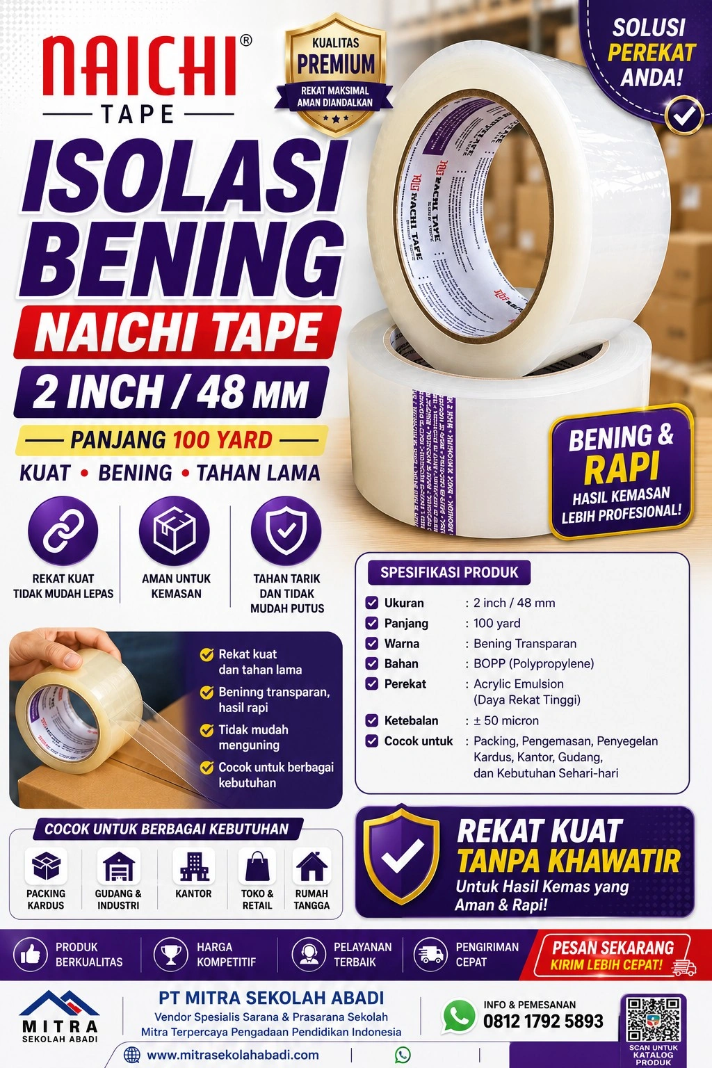 Isolasi Bening NAICHI 48 mm x 100 Yard – Lakban Packing Transparan Daya Rekat Kuat untuk Kardus & Pengemasan