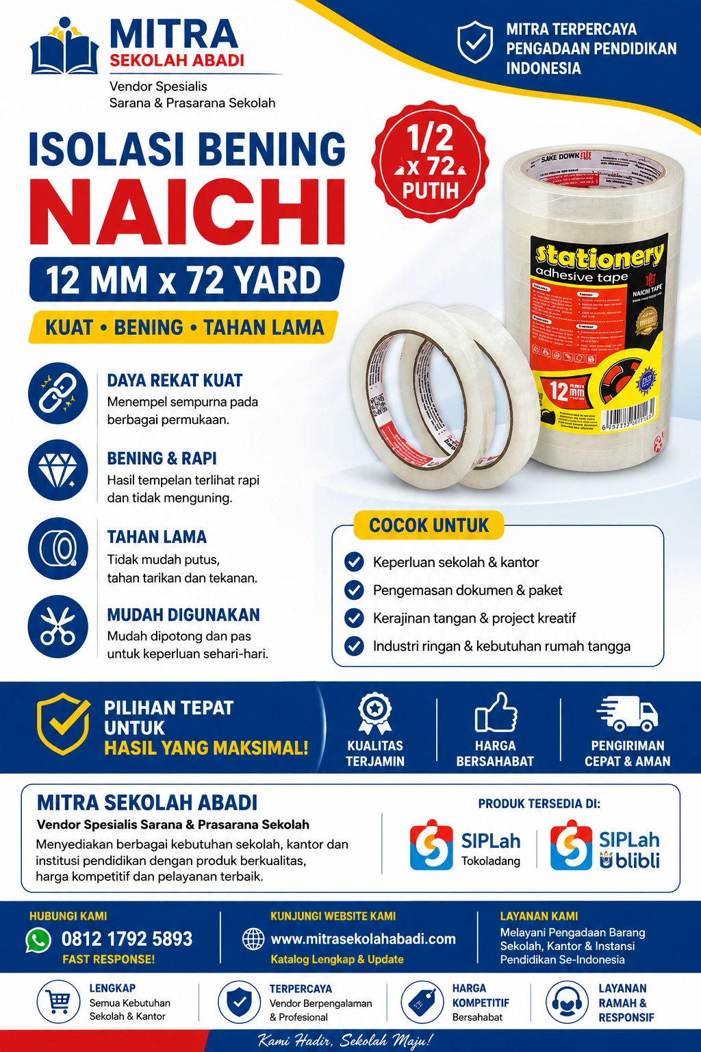 Isolasi Bening Naichi 12 mm x 72 Yard – Lakban Transparan Kuat untuk Sekolah, Kantor & Rumah