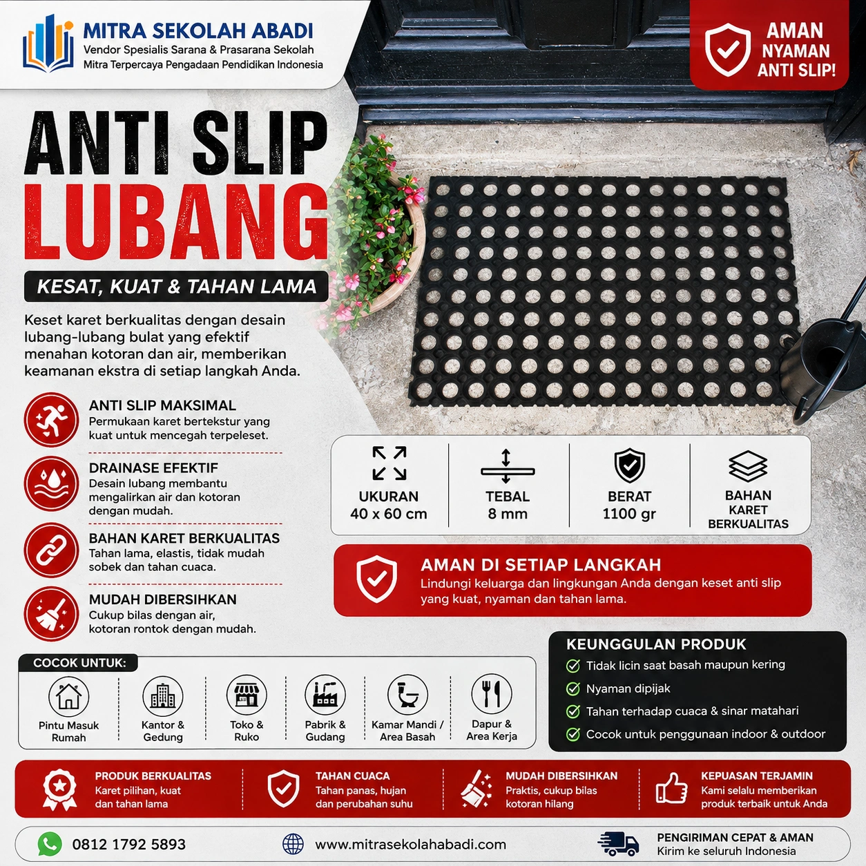 Keset Karet Anti Slip Lubang 40 × 60 cm Tebal 8 mm