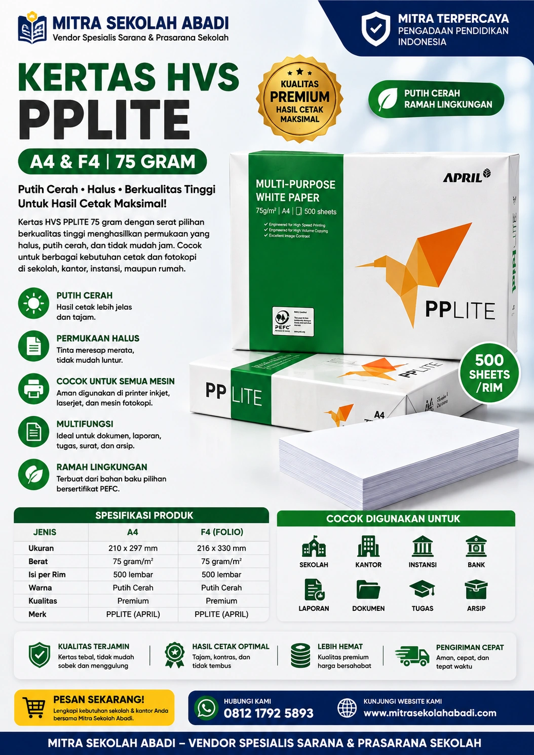 Kertas HVS PPLITE A4 & F4 75 Gram