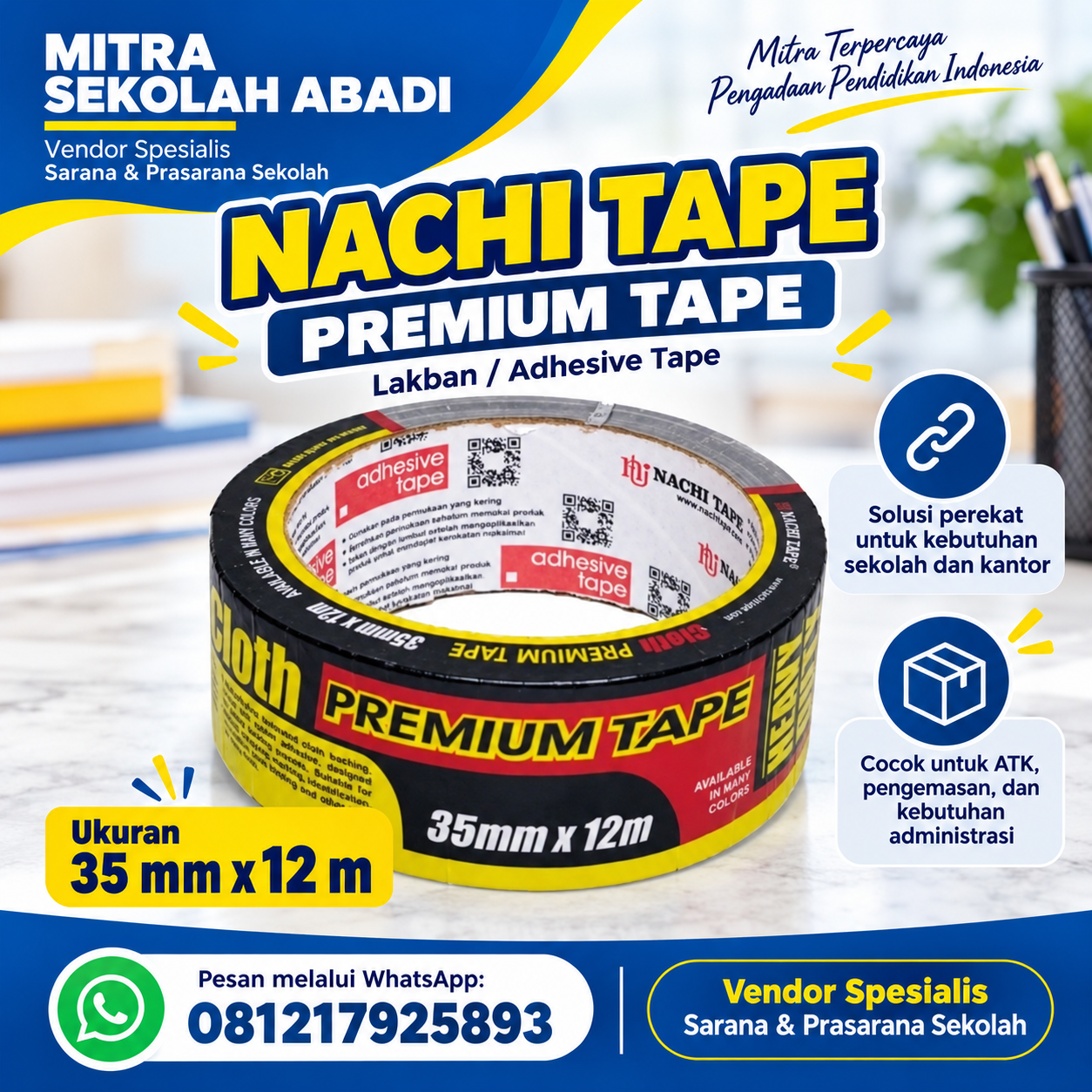 Nachi Tape Premium Lakban Perekat 35 mm × 12 Meter