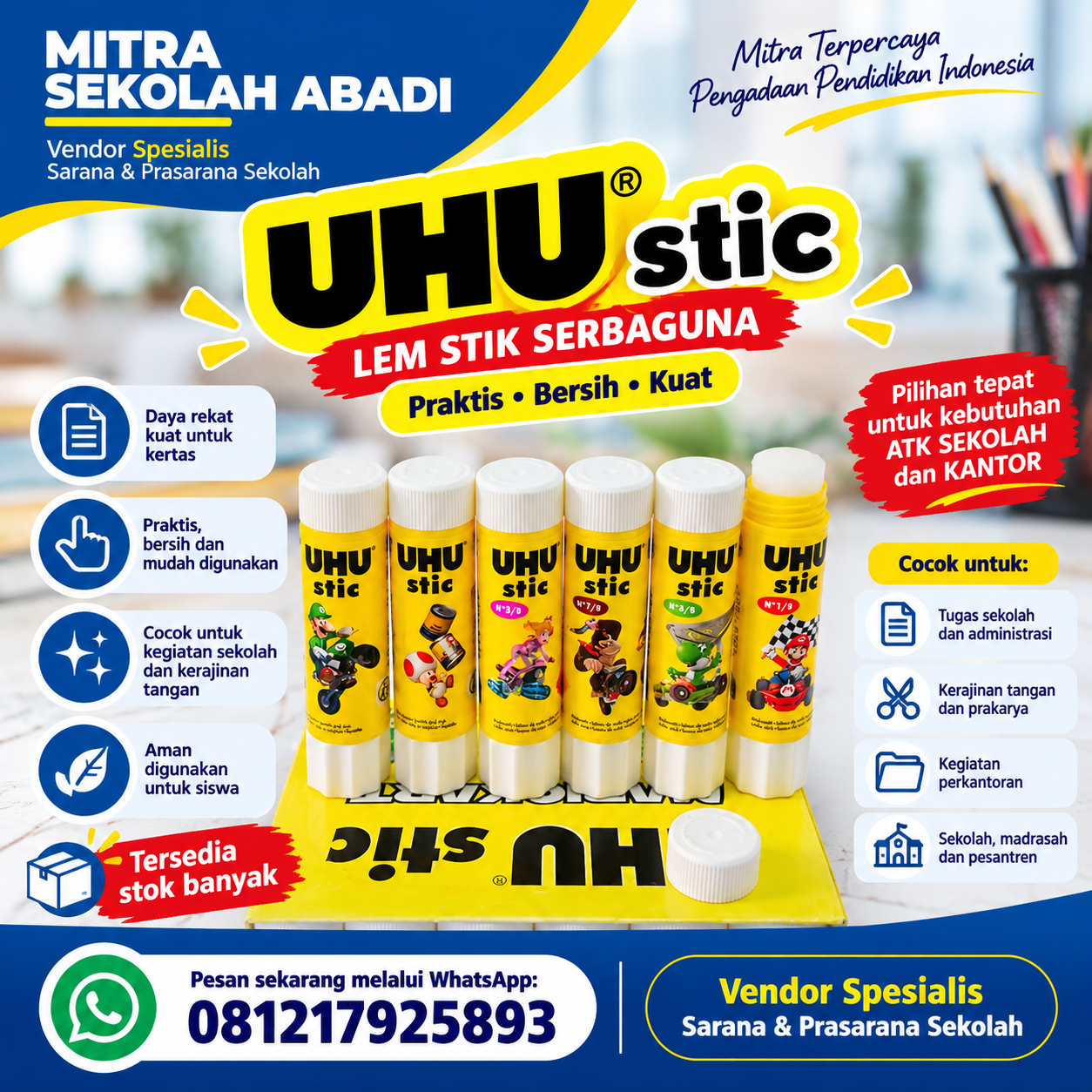 UHU Stic Lem Stik Serbaguna untuk Sekolah dan Kantor